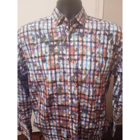 Visconti Luchiano Black Other - Visconti Black Colorful Splatter Abstract Checked Button Down L/S Shirt Small S
